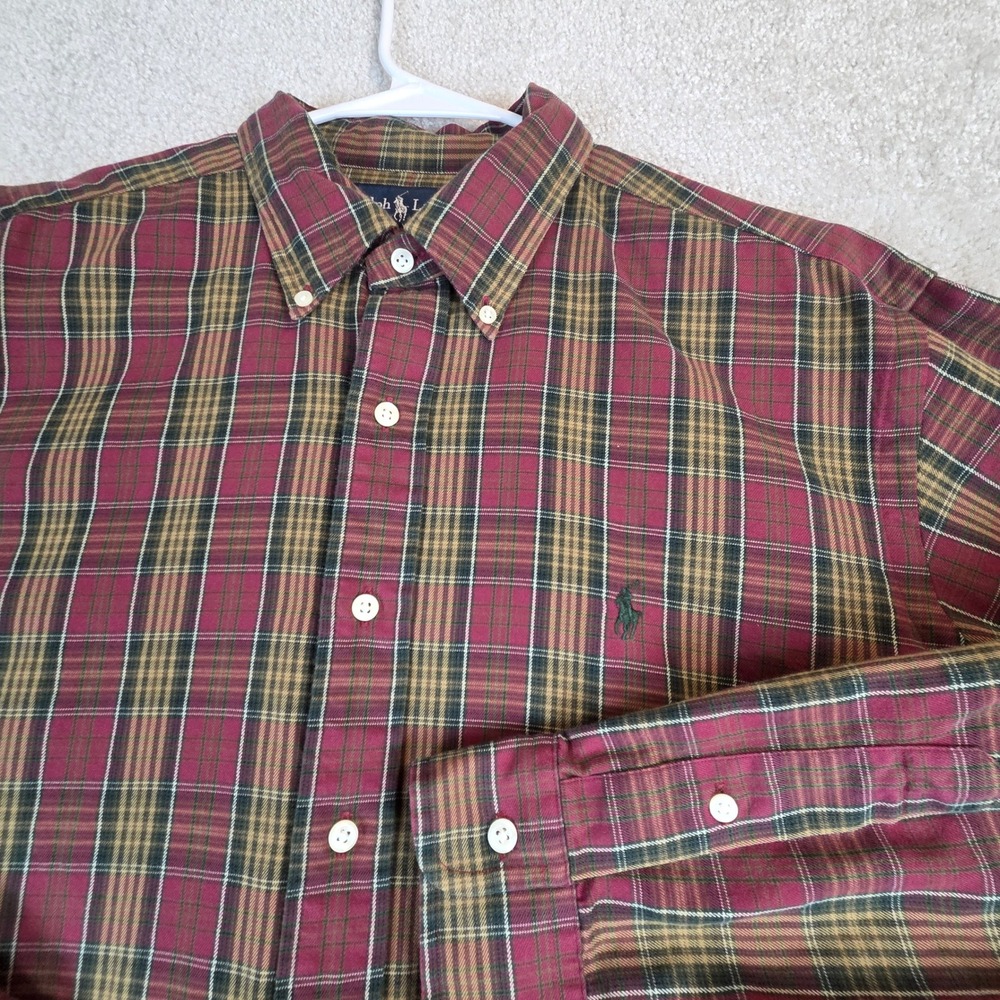 Ralph Lauren Mens Classic Fit Plaid Button Down Shirt XL Burgundy Green Gold